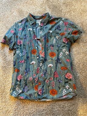 Goodthreads Floral Button-Up Shirt in Teal and White Men’s Medium